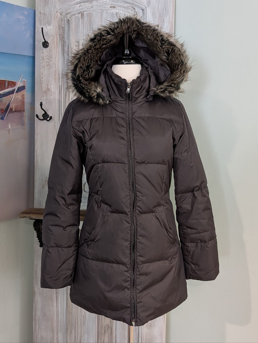 Anne Klein Gray Faux Fur-Trim Puffer Coat